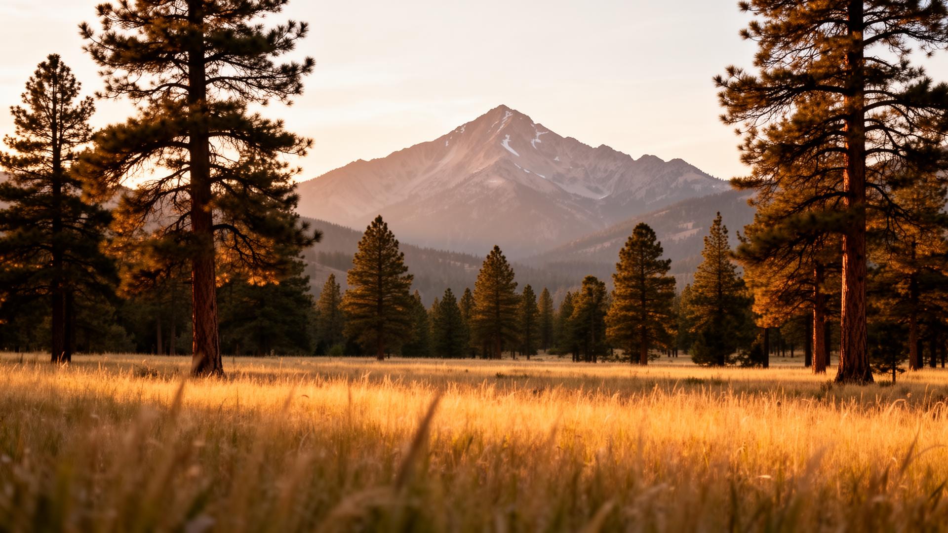 Quiet meadow at golden hour with pines and distant mountains